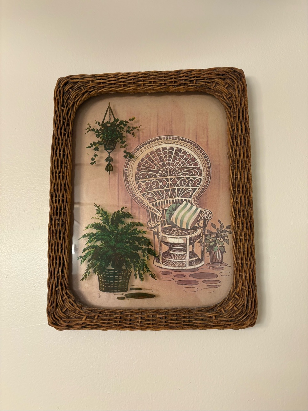 Wicker Framed Botanical Wall Art in Brown and Green Boho